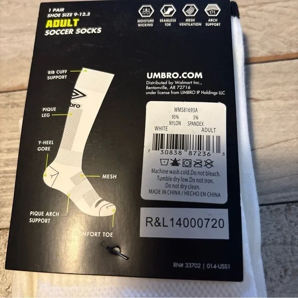 Umbro Adult Soccer Socks (Shoe Size 9-12.5) 1 Pair Wicking White NEW - Picture 8 of 11